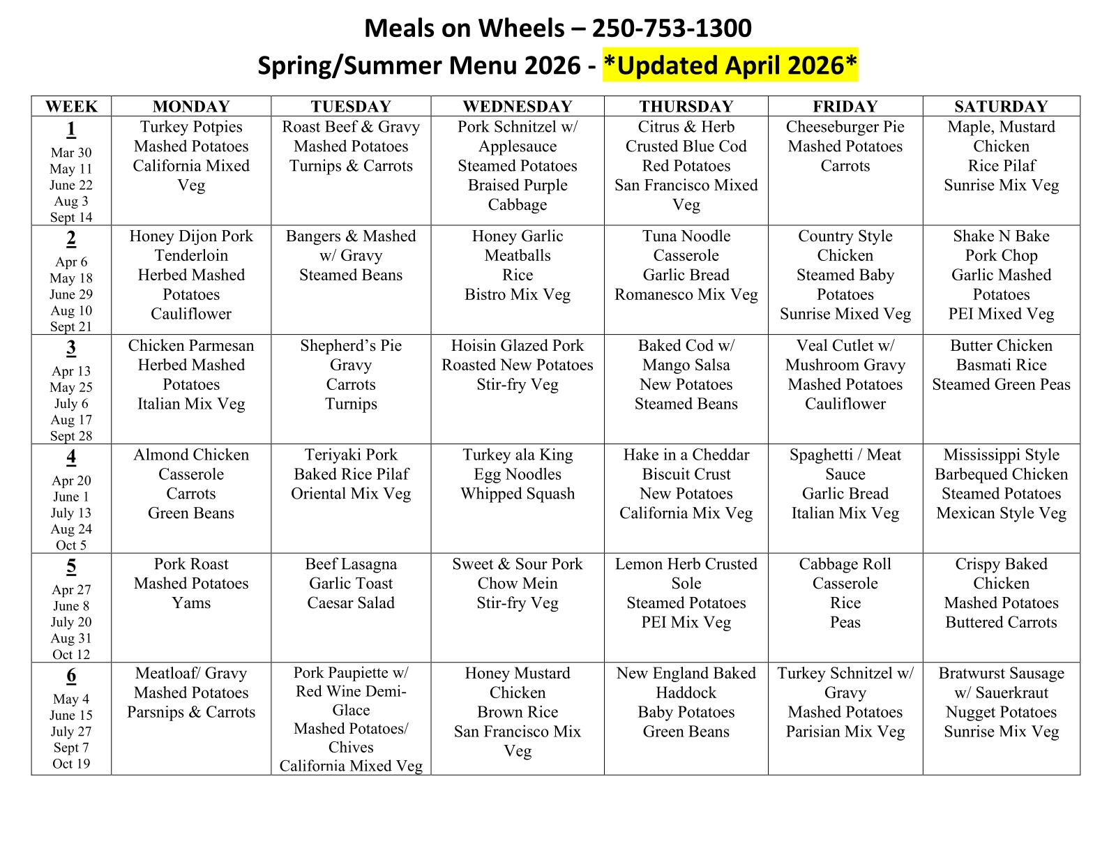 MOW's Menu Spring 2026 - Updated April 2026