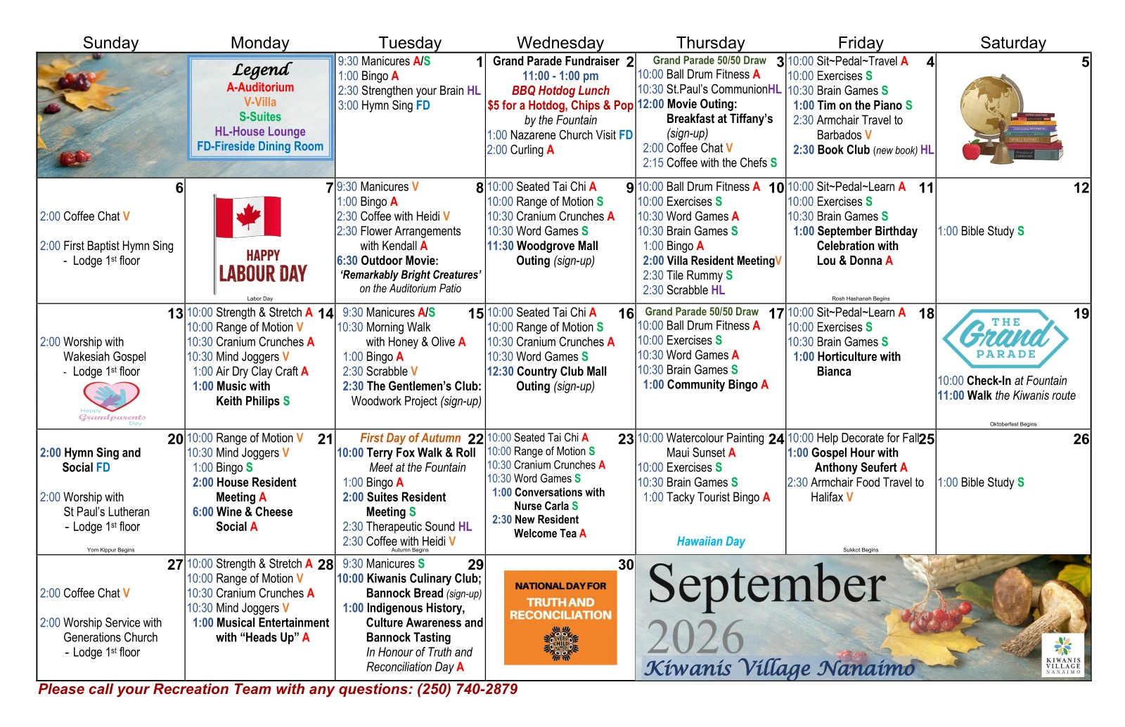 September 2026 - Housing Recreation Calendar - residents