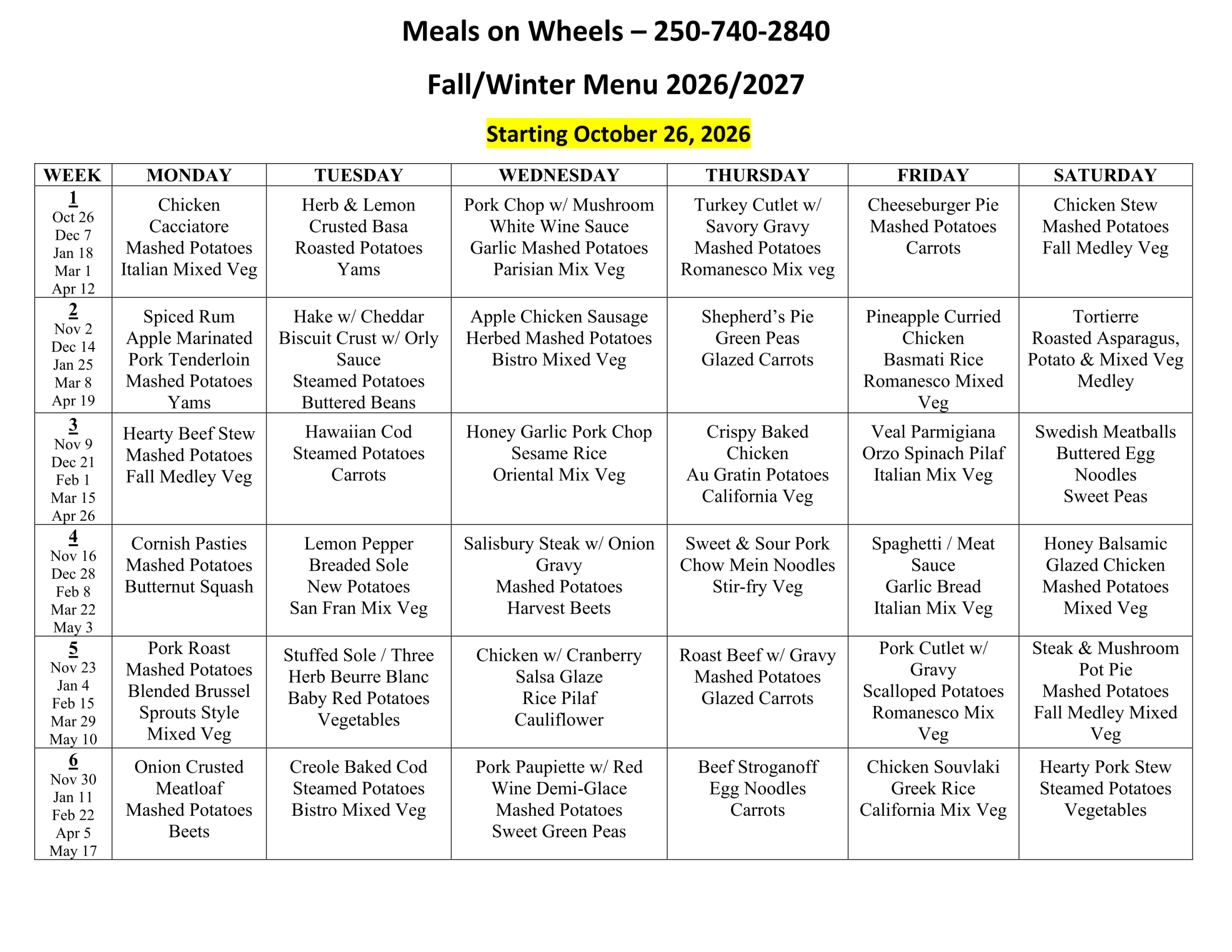 Fall 2026 Winter 2027 Menu Meals on Wheels Fall 2026 menu