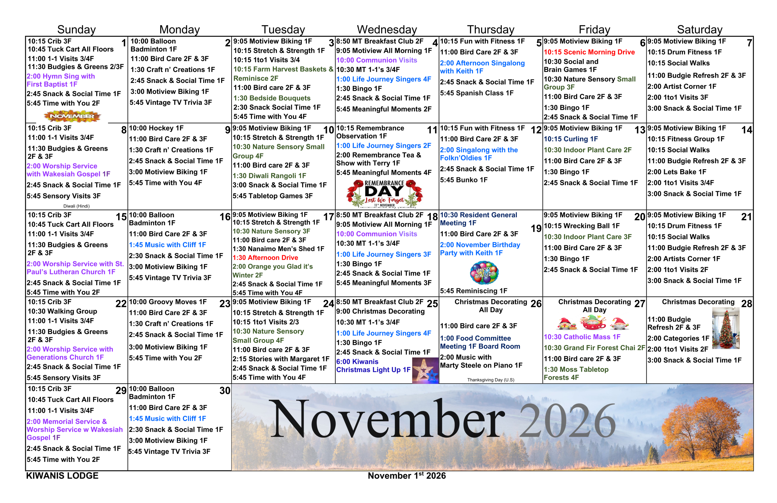 Lodge Recreation Calendar Nov 2026